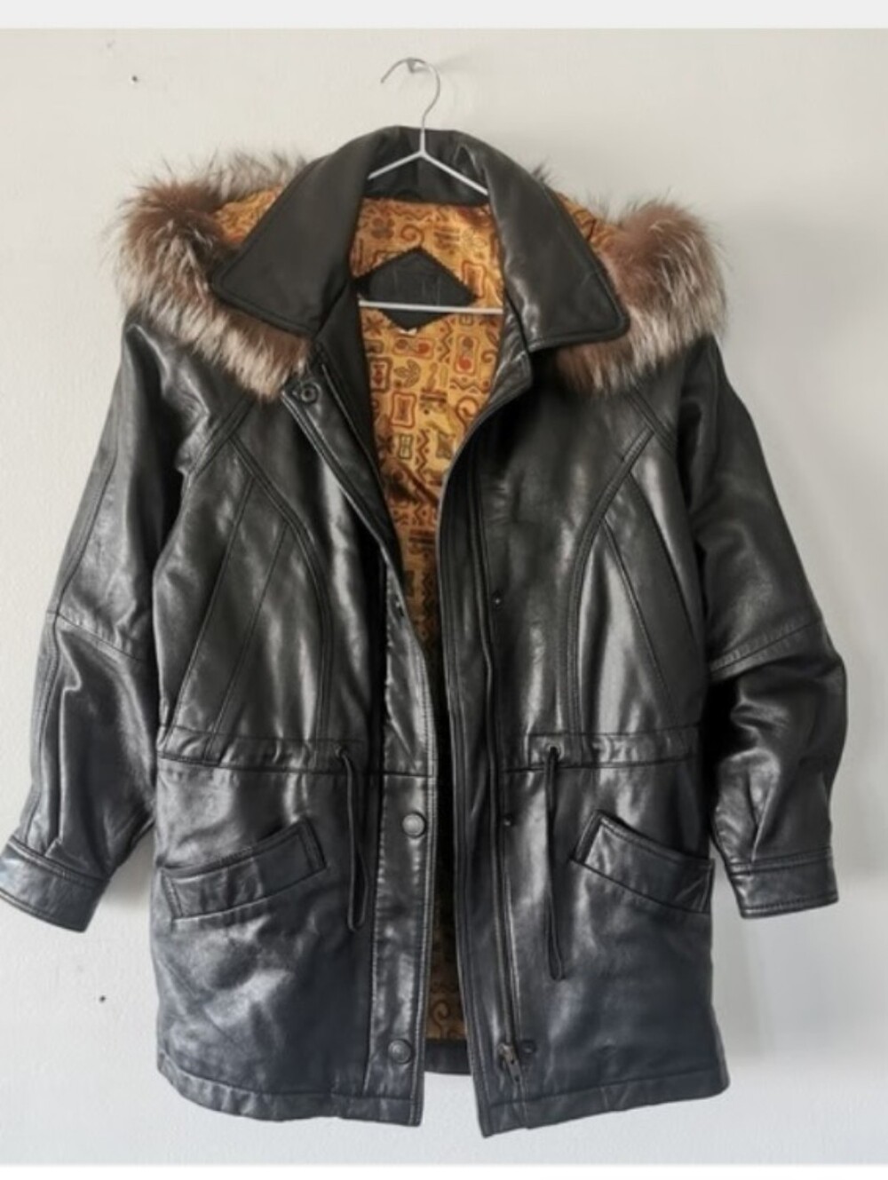 Women's Black Faux Leather Jacket with Fur Trim Hood